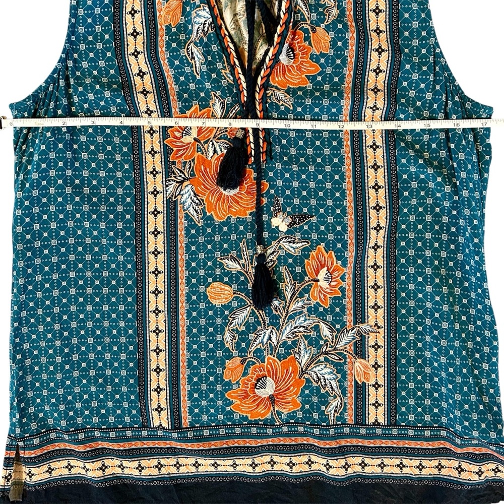 Daniel Rainn Blue & Orange Floral Camisole Shell, Boho Tasseled Tank Top, Medium - Picture 5 of 8